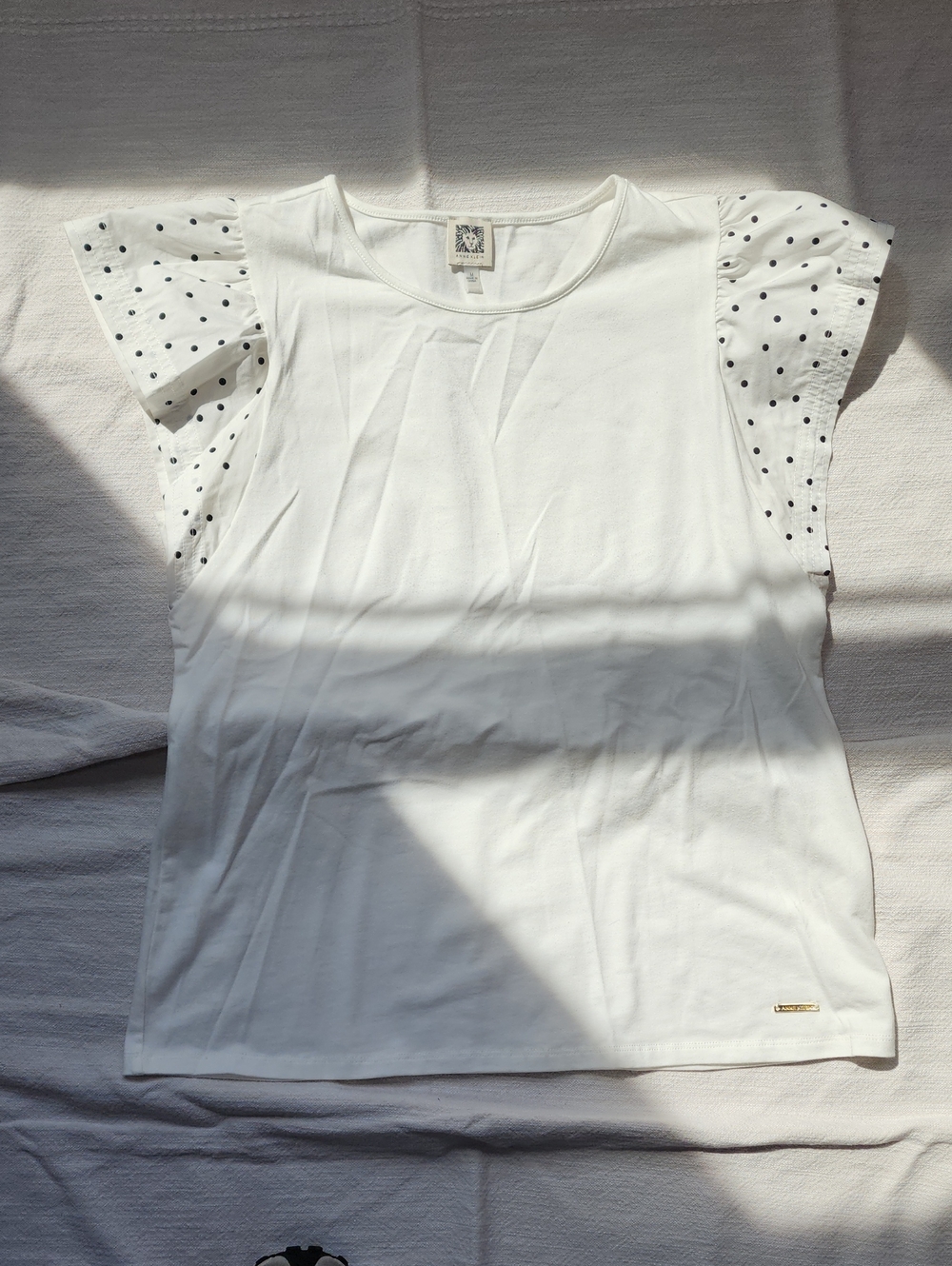 Anne Klein White Short Sleeve Top with Black Polka Dot Flutter Sleeves